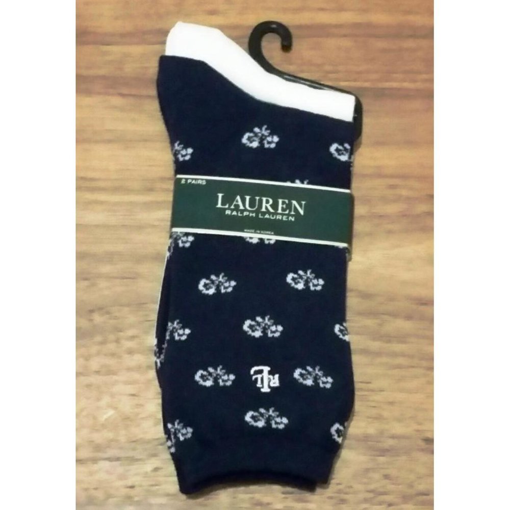 LAUREN Ralph Lauren Set of 2-Pack SOCKS Navy Floral / Off White size 9-11